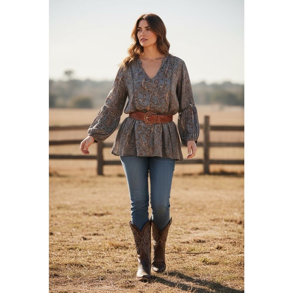 Oddi Women’s Plus Paisley Boho Top Long Sleeve Blouse Flowy Boutique Style